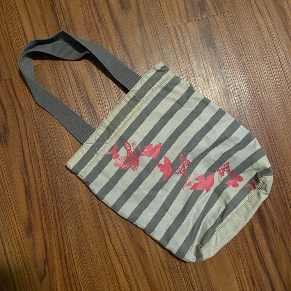 Bird & Butterfly Graphic Striped Tote Bag